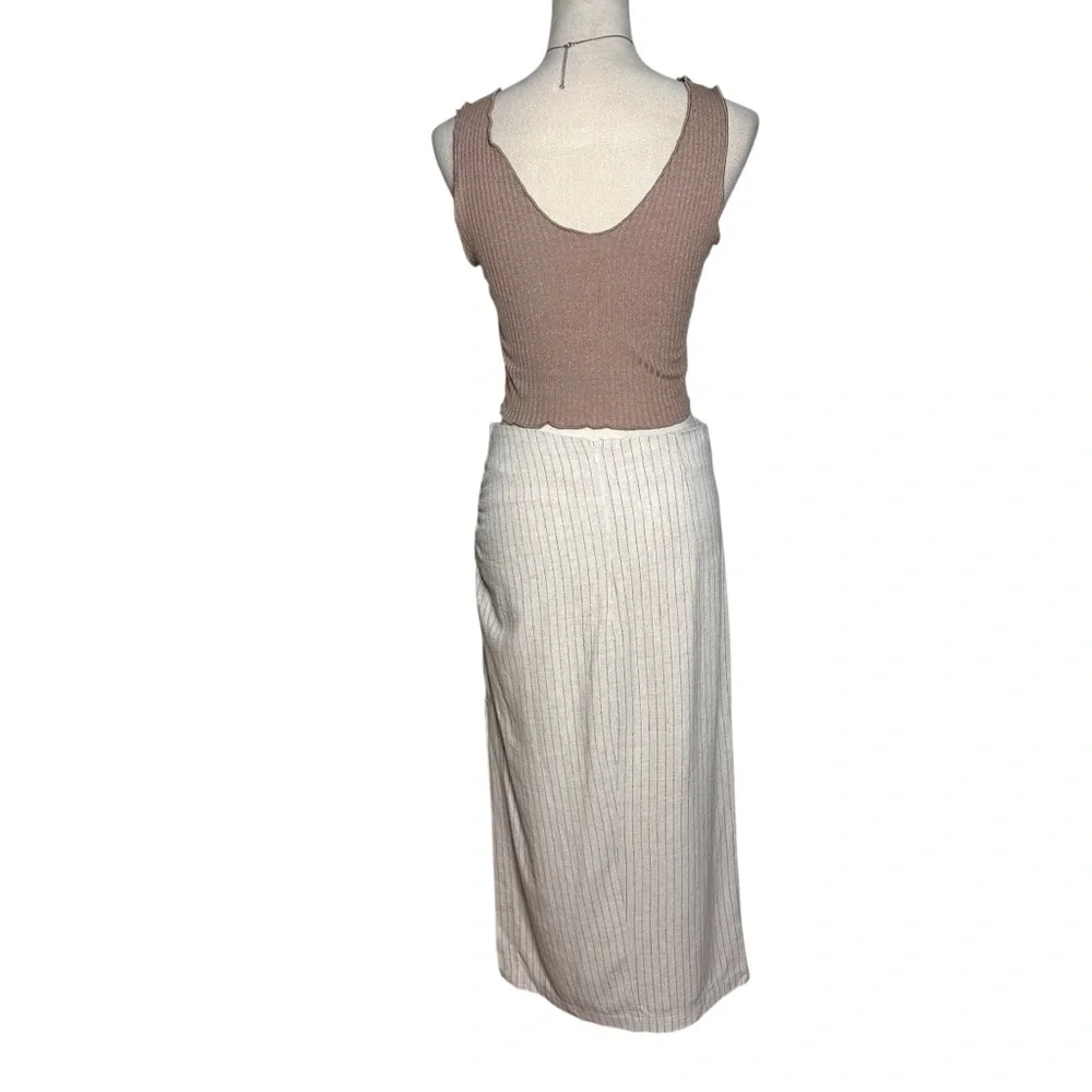 Miou Muse Linen Blend Ruched Midi Skirt M Striped‎ Minimalist Neutral Old Money